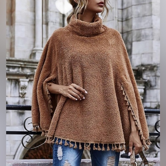 Sweaters - Boho Chic Fuzzy Cowl Neck Poncho Pull-over with Tassels⭐️One-Size
